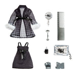 Collection of black and white fashion items including a robe, dress, and accessories on a white background.