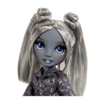Doll with gray hair styled in buns and purple eyes wearing a dark outfit with patterns on a white background