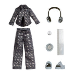 Set of pajama pants, shirt, slippers, and accessories on a white background