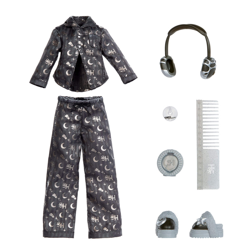 Set of pajama pants, shirt, slippers, and accessories on a white background