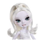 White doll with white hair and blue eyes on a white background
