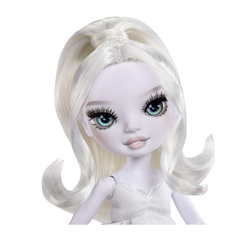 White doll with white hair and blue eyes on a white background