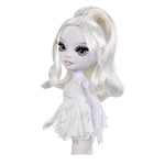 White doll with long hair styled in a high ponytail on a white background