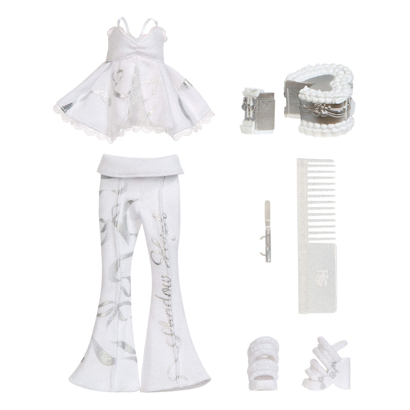 White outfit with matching accessories on a white background
