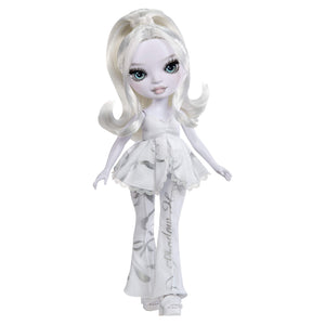 White doll with white long hair and a white outfit on a white background