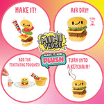 Mini plush toy burger with assembly instructions and branding on a colorful background