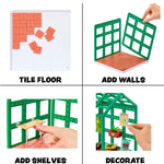 Step-by-step assembly of a small building model with tiles, walls, shelves, and decorations.