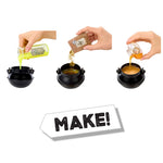 Step-by-step process of making a drink with ingredients, shown in three stages.