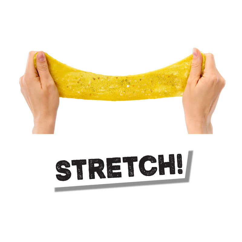 Yellow slime being stretched with a 'STRETCH!' sign below on a white background
