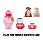 Set of colorful slime containers with decorative bags on a white background