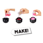 Step-by-step process of making a pink slime with black containers and a 'MAKE!' sign.