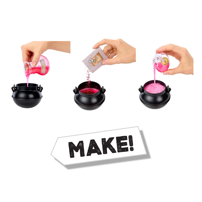 Step-by-step process of making a pink slime with black containers and a 'MAKE!' sign.