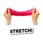 Pink slime being stretched with hands on a white background and 'STRETCH!' text below.