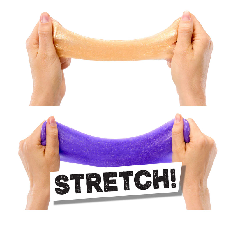 Hands stretching a purple and orange stretchy band with 'STRETCH!' text on a white background