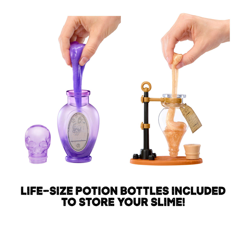 Life-size potion bottles with hands interacting with them on a white background.