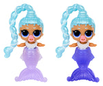 Two mermaid-themed dolls with blue hair and purple tails on a white background