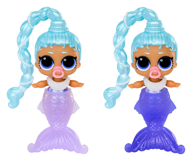 Two mermaid-themed dolls with blue hair and purple tails on a white background