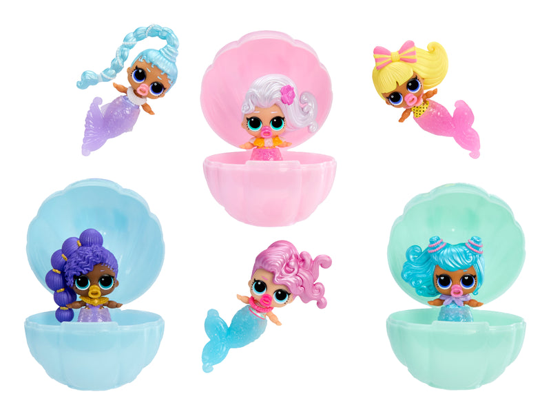 Six colorful mermaid-themed dolls three in shells on a white background