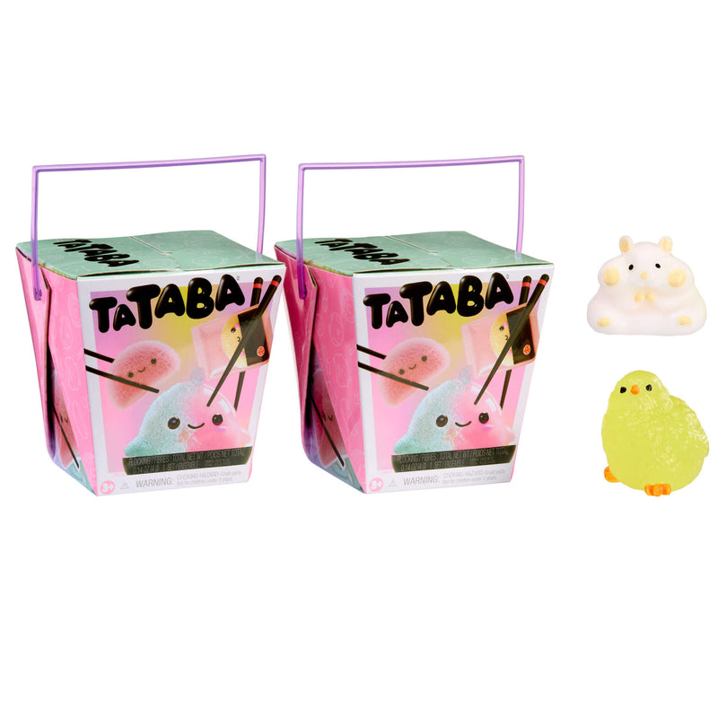 Two small boxes with 'Tataba' branding and cute illustrations, accompanied by two small plush toys on a white background.