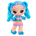 Toy figure with blue hair and a colorful outfit on a white background