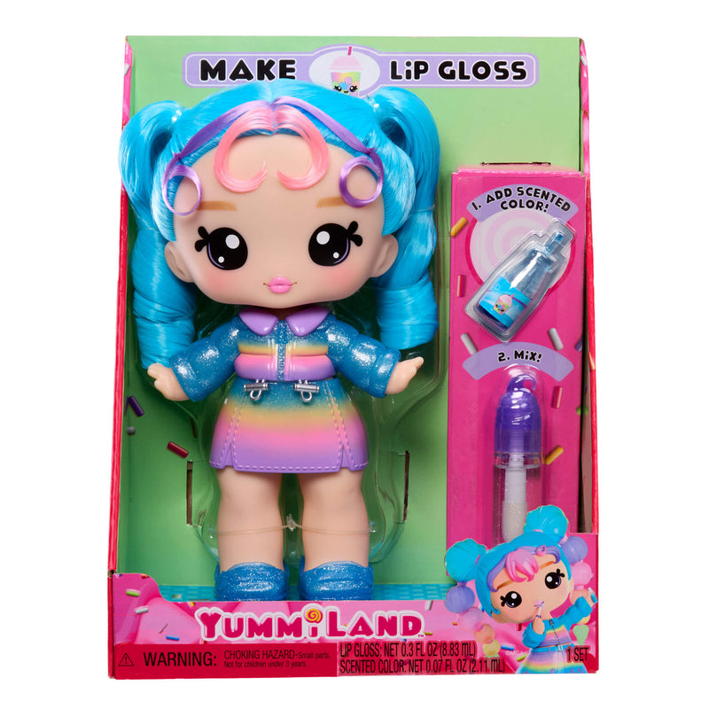 Yummiland doll with blue hair and rainbow outfit in packaging
