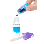 Hand pouring blue liquid from a small container into a clear dropper bottle with a purple cap.