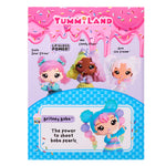 Yummiland toy packaging with all four large dolls and text on a pink and blue background