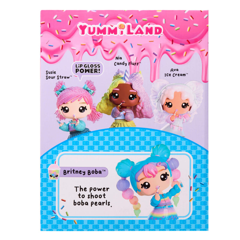 Yummiland toy packaging with all four large dolls and text on a pink and blue background