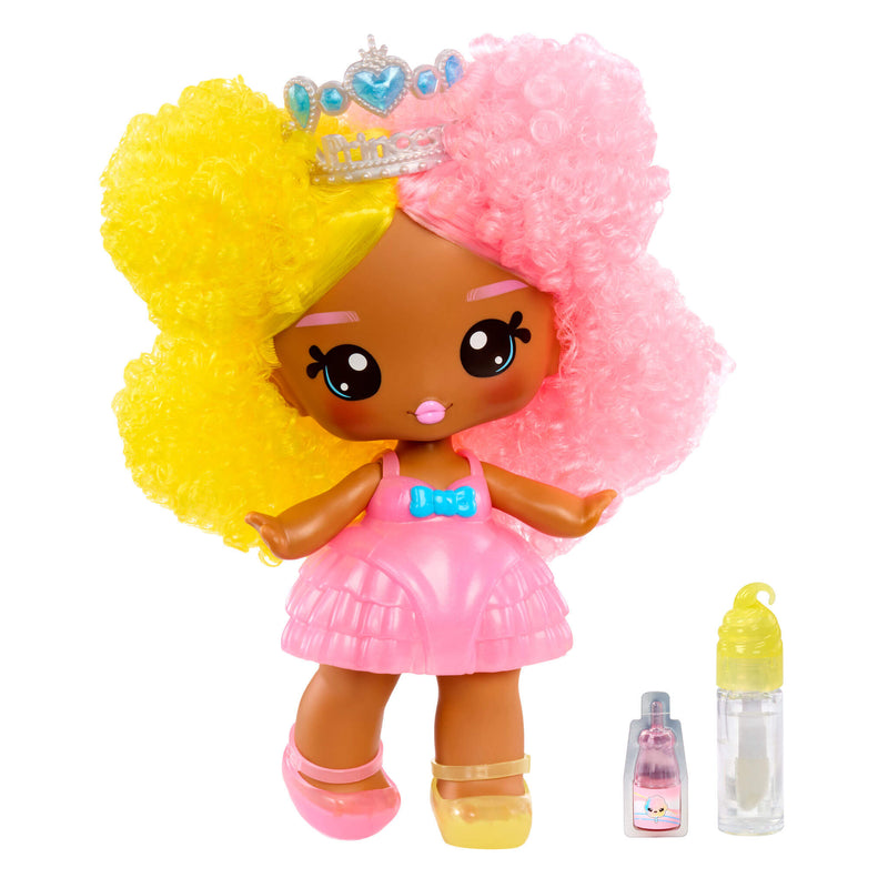 Toy doll with yellow and pink hair, pink dress, and accessories on a white background
