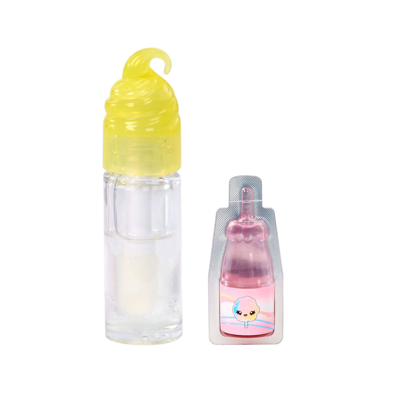 Clear bottle with yellow cap and pink and white bottle with character design on a white background