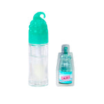 Clear bottle with green cap and smaller bottle with pink character on a white background
