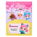 Yummiland toy packaging with four dolls and a lip gloss, featuring colorful packaging and character illustrations.