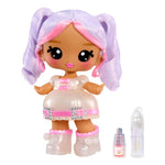 Toy doll with purple and pink hair, wearing a dress and boots, on a white background.
