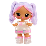 Toy doll with purple and pink hair, white dress, and boots on a white background
