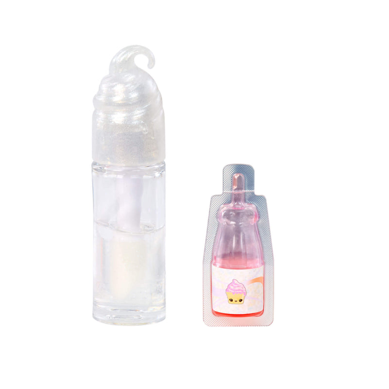 Clear plastic bottle with pink liquid and cartoon character label on a white background