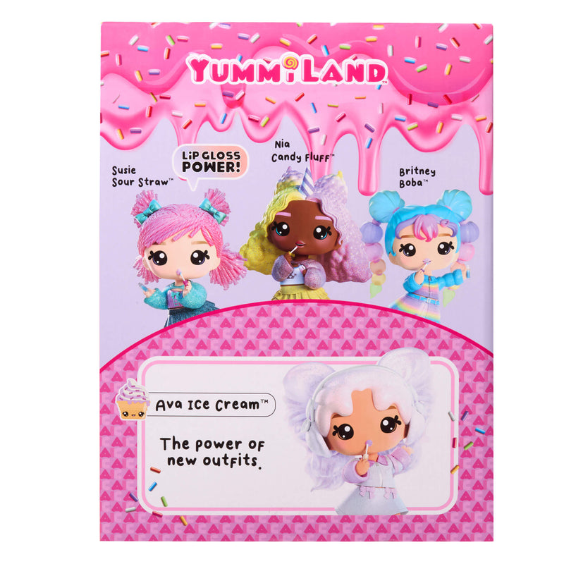 Yummiland toy packaging with four dolls on a pink background