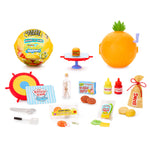 Assorted SpongeBob items including a pineapple-shaped toy, burger set, and various miniature food items on a white background.