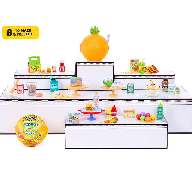 Toy set with various SpongBob miniature items on a white background