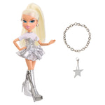 Doll in silver outfit with bracelet featuring star charm on white background