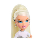 Toy doll with blonde hair and blue eyes on a white background