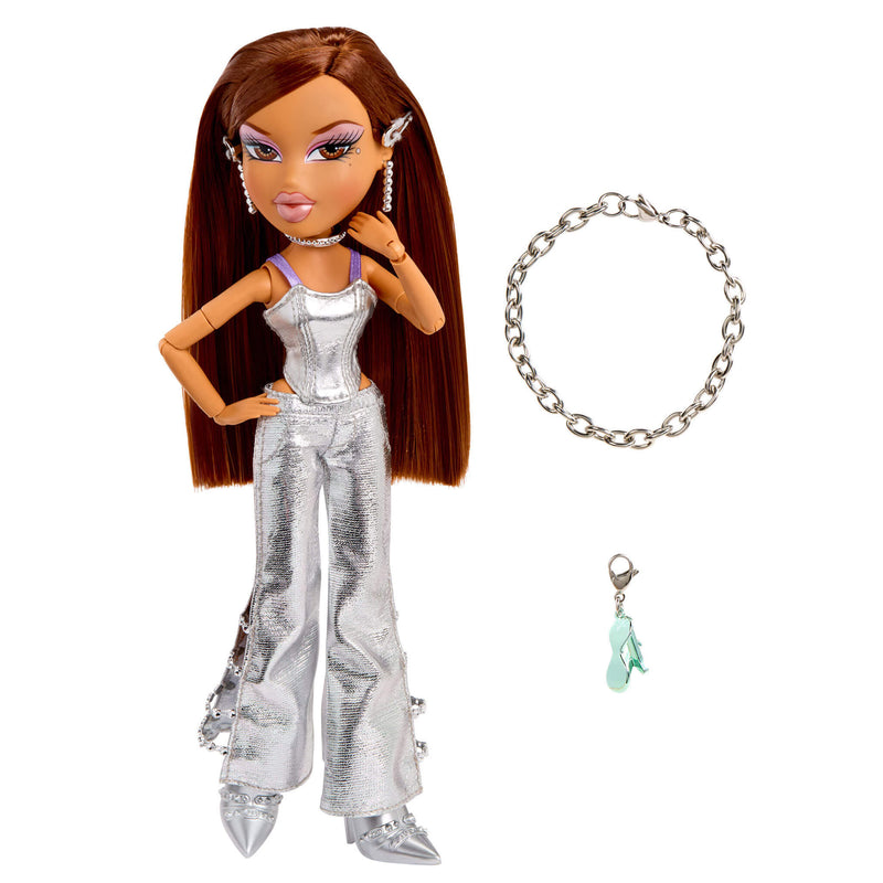 Toy doll in silver outfit with bracelet and keychain on white background