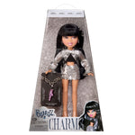 Bratz Charmz doll packaging with a doll inside, featuring a silver outfit and necklace.