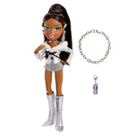 Doll with silver outfit and accessories on a white background