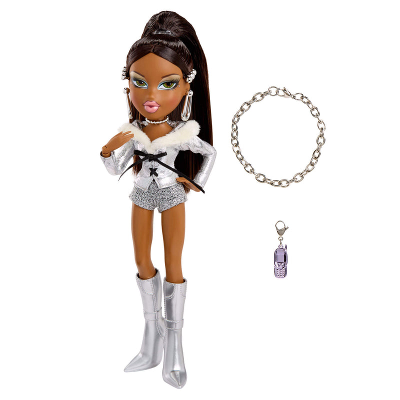 Doll with silver outfit and accessories on a white background