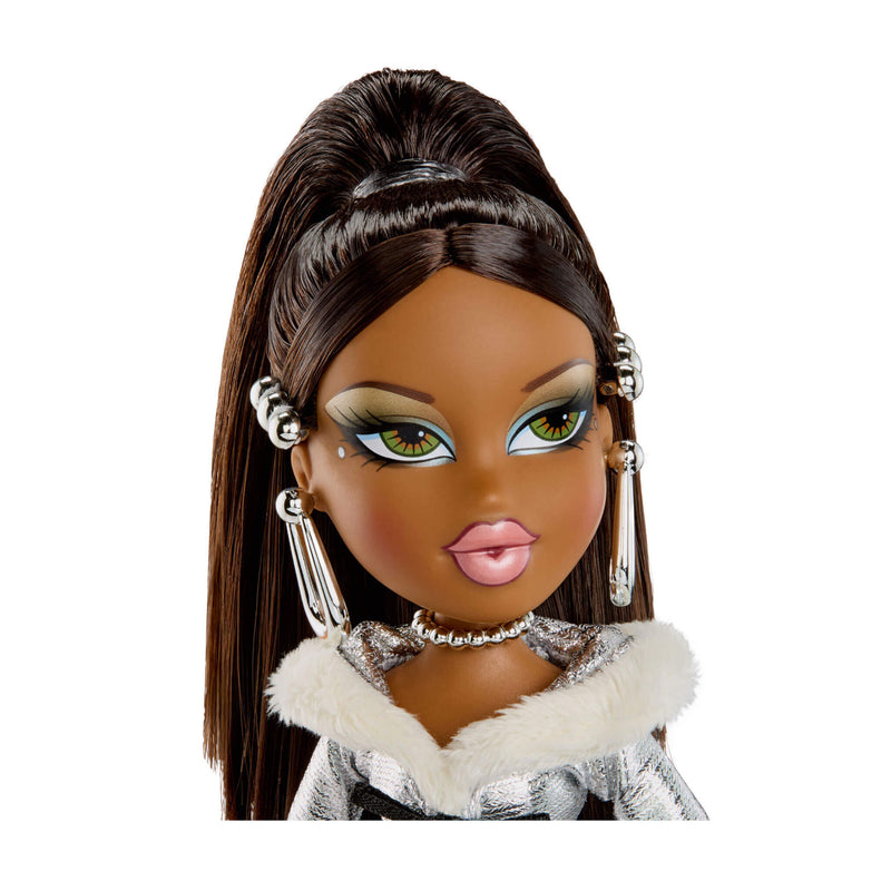 Doll with long brown hair, green eyes, and wearing a fur-lined coat on a white background