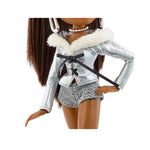 Sasha doll wearing a silver outfit with fur trim on a white background
