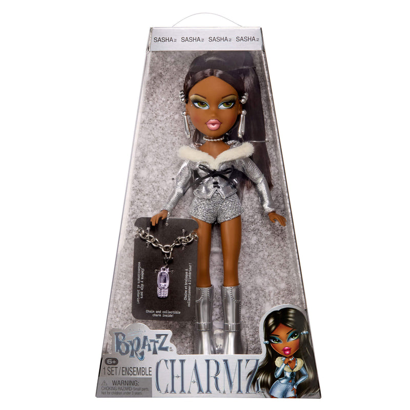 Bratz Charmz doll packaging with a doll wearing a silver outfit on a white background