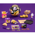 Taco Bell product set including a ball packaging, and food items on a purple background