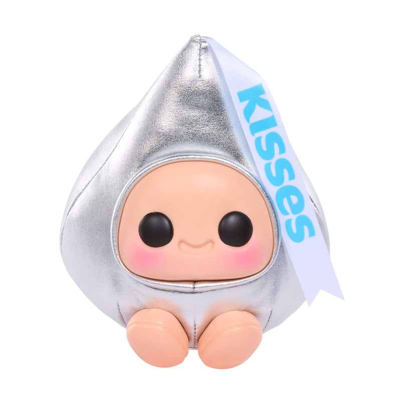 Plush toy shaped like a candy kiss with a silver hood and pink cheeks on a white background