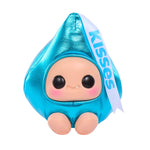 Toy figure with a blue wrapping labeled 'Kisses' on a white background
